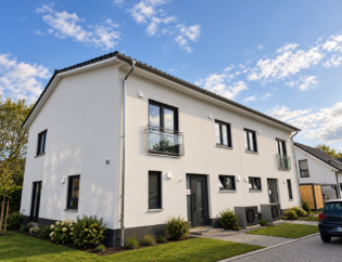 Außenansicht des Doppelhauses Linea 133 bei Tag – weißer Massivbau mit Satteldach, Photovoltaikanlage, Balkonen, dunklen Fensterrahmen und zwei Stellplätzen je Haushälfte, Fertigstellung 2026
