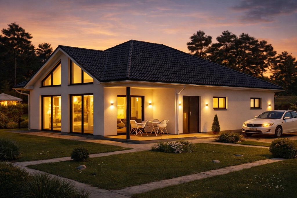 Beleuchteter Bungalow Comfort 158 bei der Abenddämmerung – weißer Massivbau mit Walmdach, warmem Licht in allen Räumen, überdachter Terrasse und Carport – Luft-Wasser-Wärmepumpe, Energieeffizienzklasse A+