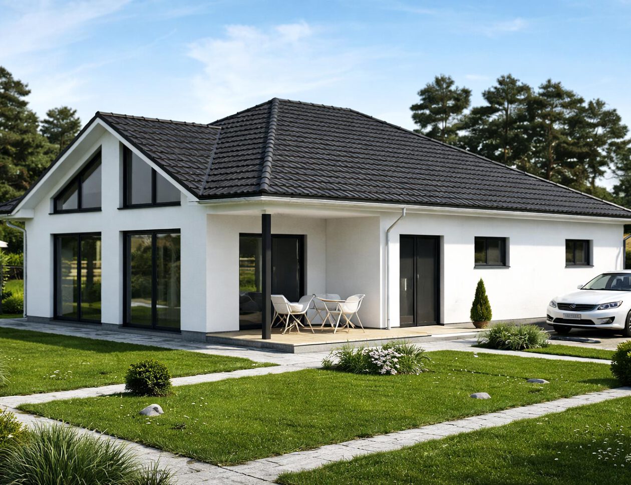 Außenansicht des Bungalows Comfort 158 bei Tag – weißer Massivbau mit Walmdach, überdachter Terrasse, großen Fensterfronten, Carport und gepflegtem Garten – barrierearmes Wohnen auf einer Ebene, Energieeffizienzklasse A+, Fertigstellung 2021