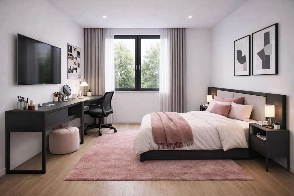 Modernes Kinderzimmer im Bungalow Comfort 158 mit Schreibtisch, Einzelbett, Vinylboden und 3-fach-verglasten Fenstern – flexibel nutzbar als Kinder-, Jugend- oder Gästezimmer, elektrische Rollläden