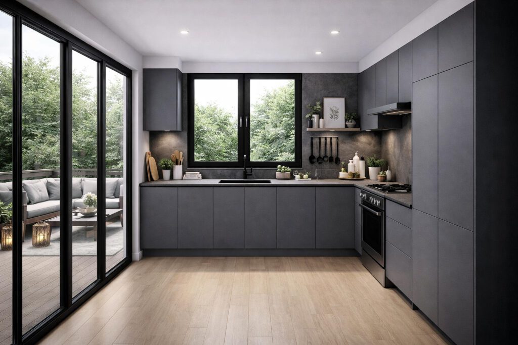 Moderne L-Küche im Bungalow Comfort 158 mit dunkelgrauen grifflosen Fronten, Terrassenzugang und Grünblick – heller Vinylboden, Fußbodenheizung, 3-fach-Verglasung, barrierearmes Wohnen auf einer Ebene