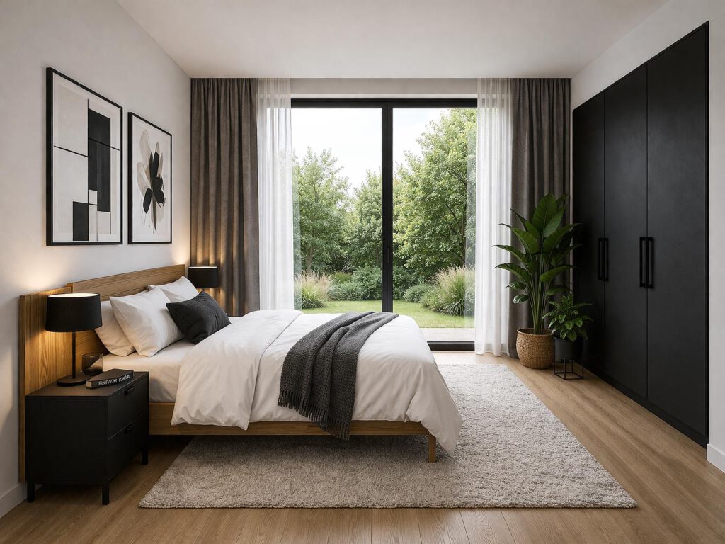 Helles Schlafzimmer im Bungalow Comfort 158 mit großer Glasfront und direktem Gartenblick, Holzvinylboden, elektrischen Rollläden und 3-fach-verglasten Schiebetüren – barrierearmes Wohnen auf einer Ebene, Energieeffizienzklasse A+