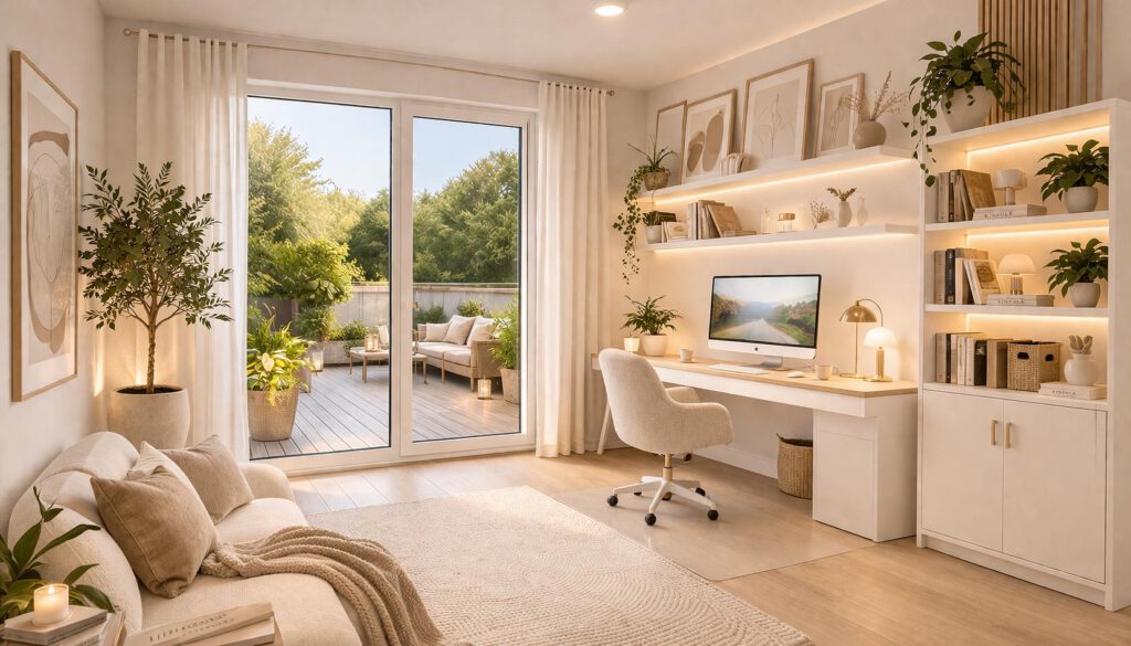 Helles Homeoffice im Dachgeschoss des Doppelhauses Forma 146 mit Zugang zur Dachterrasse, großen Fensterflächen und moderner Einrichtung – flexibel nutzbar als Studio, Arbeits- oder Rückzugsbereich
