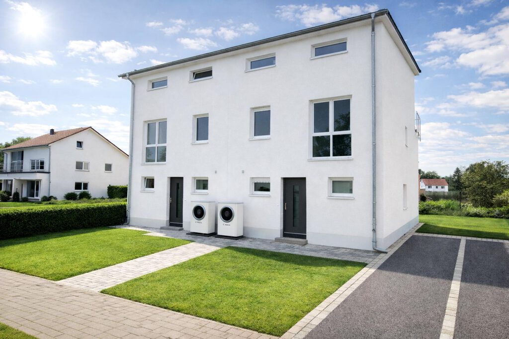 Eingangsansicht des Doppelhauses Forma 146 mit weißer Putzfassade, zwei separaten Haustüren und Luft-Wasser-Wärmepumpen – moderner Massivbau mit Pultdach, Energieeffizienzklasse A+, Fertigstellung 2022