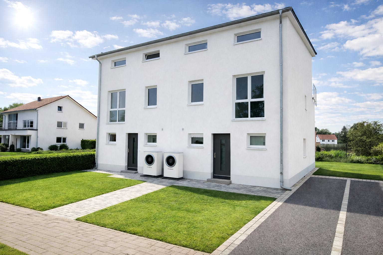 Eingangsansicht des Doppelhauses Forma 146 mit weißer Putzfassade, zwei separaten Haustüren und Luft-Wasser-Wärmepumpen – moderner Massivbau mit Pultdach, Energieeffizienzklasse A+, Fertigstellung 2022