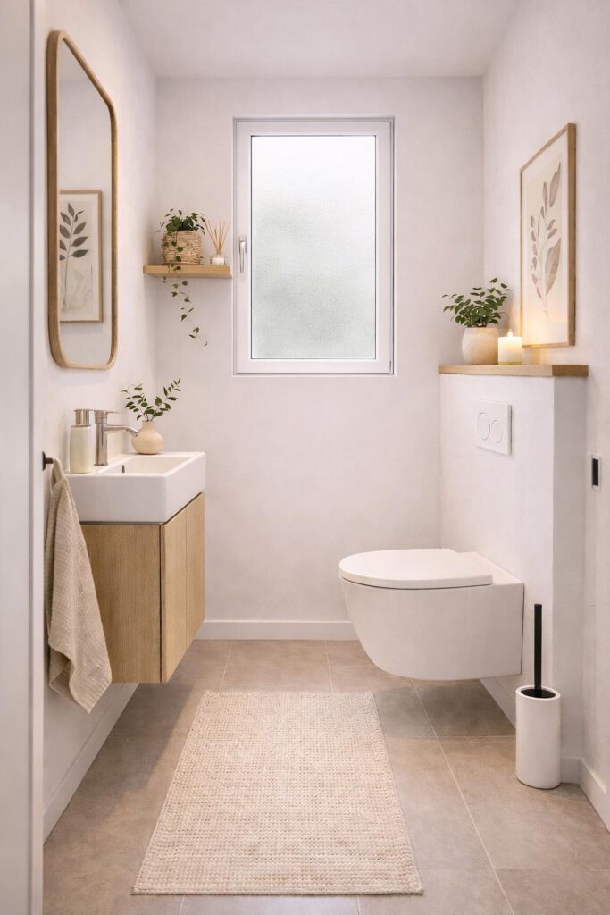 Modernes Gäste-WC im Erdgeschoss des Doppelhauses Forma 146 mit wandhängendem Waschtisch, Holzunterschrank, wandhängendem WC und 3-fach-verglasten Fenstern