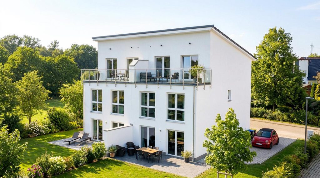 Gartenansicht des fertiggestellten Doppelhauses Forma 146 mit großzügiger Dachterrasse, Erdgeschossterrasse, Pultdach und heller Putzfassade – freistehendes Doppelhaus mit 145 m² Wohnfläche je Einheit, Baujahr 2022