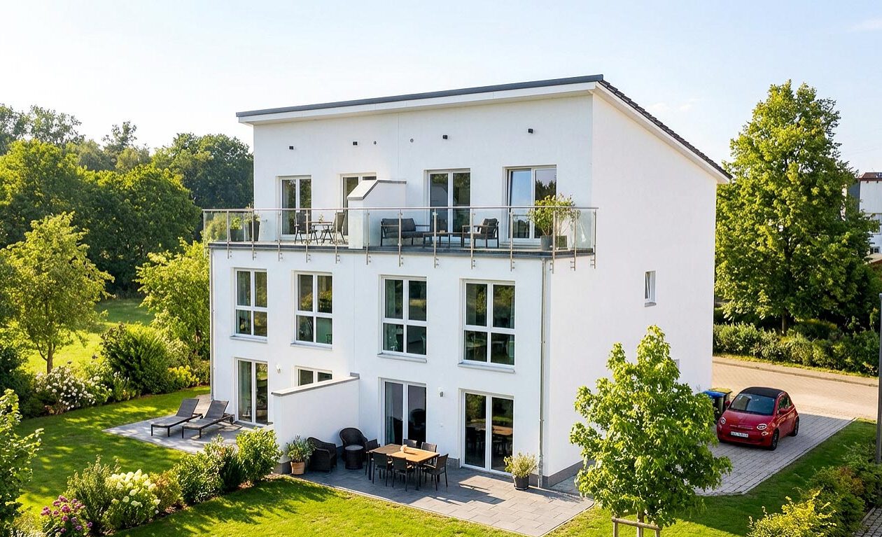 Gartenansicht des fertiggestellten Doppelhauses Forma 146 mit großzügiger Dachterrasse, Erdgeschossterrasse, Pultdach und heller Putzfassade – freistehendes Doppelhaus mit 145 m² Wohnfläche je Einheit, Baujahr 2022