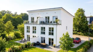 Gartenansicht des fertiggestellten Doppelhauses Forma 146 mit großzügiger Dachterrasse, Erdgeschossterrasse, Pultdach und heller Putzfassade – freistehendes Doppelhaus mit 145 m² Wohnfläche je Einheit, Baujahr 2022