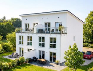 Gartenansicht des fertiggestellten Doppelhauses Forma 146 mit großzügiger Dachterrasse, Erdgeschossterrasse, Pultdach und heller Putzfassade – freistehendes Doppelhaus mit 145 m² Wohnfläche je Einheit, Baujahr 2022
