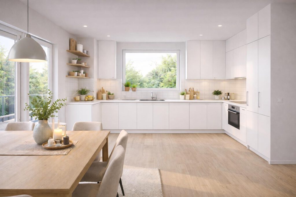 Großzügige Küche mit offenem Wohn-Essbereich und Terrassenzugang im Doppelhaus Forma 146 – helle Fronten, großes Fenster mit Grünblick, Fußbodenheizung und elektrische Rollläden