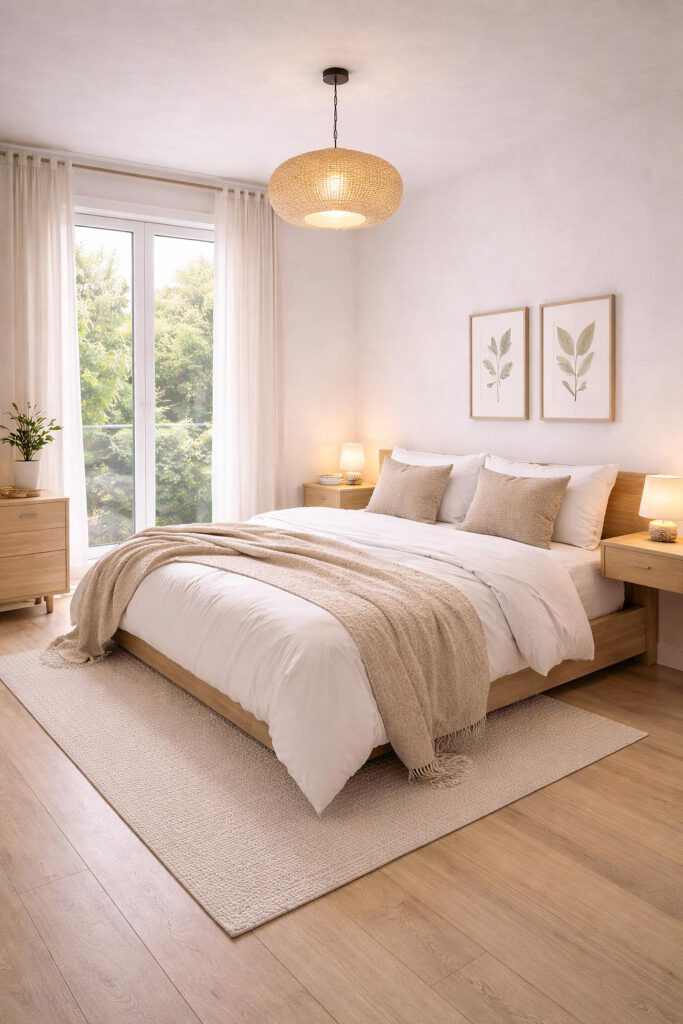 Helles Schlafzimmer im Obergeschoss des Doppelhauses Forma 146 mit großen 3-fach-verglasten Fenstern, Holzbodenoptik und ruhiger Naturatmosphäre – Massivbau mit Wärmepumpe und kontrollierter Lüftung