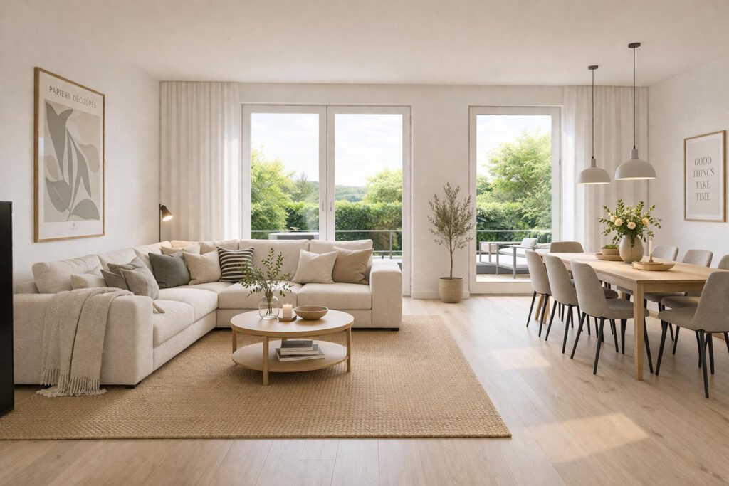 Offener Wohn- und Essbereich im Doppelhaus Forma 146 mit Terrassenzugang, großen Fensterflächen, hellem Holzboden und Blick ins Grüne – Energieeffizienzklasse A+, Fußbodenheizung