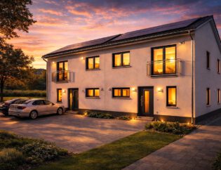 Beleuchteten Doppelhauses Linea 133 bei Abenddämmerung – Massivbau mit Satteldach, Photovoltaikanlage, Balkonen und warmem Licht in allen Wohnräumen, Energieeffizienzklasse A+, Baustart 2024