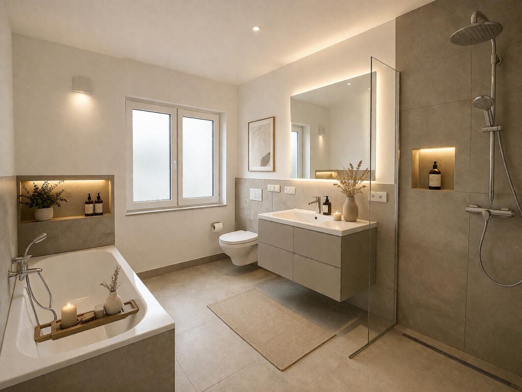 Modernes Badezimmer im Obergeschoss des Doppelhauses Linea 133 mit Badewanne, bodenebener Dusche, beleuchtetem Spiegel, wandhängendem Waschtisch und großformatigen Fliesen in Betonoptik