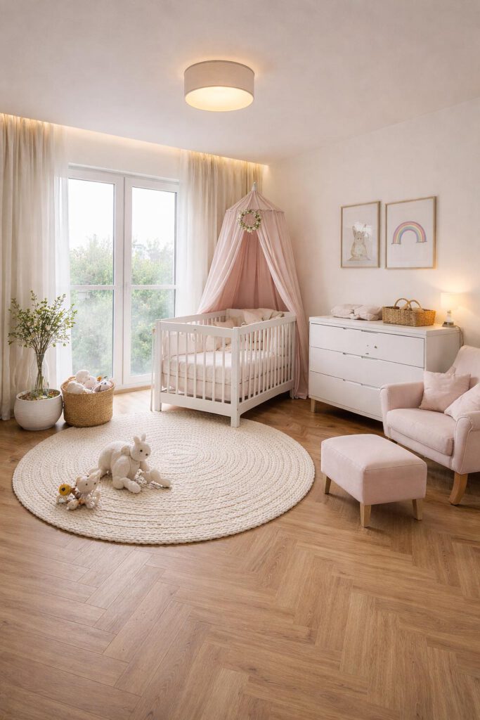 Helles Kinderzimmer im Obergeschoss des Doppelhauses Linea 133 mit Parkettboden, großem Fenster und viel Tageslicht – flexibel nutzbar als Baby-, Kinder- oder Jugendzimmer, elektrische Rollläden