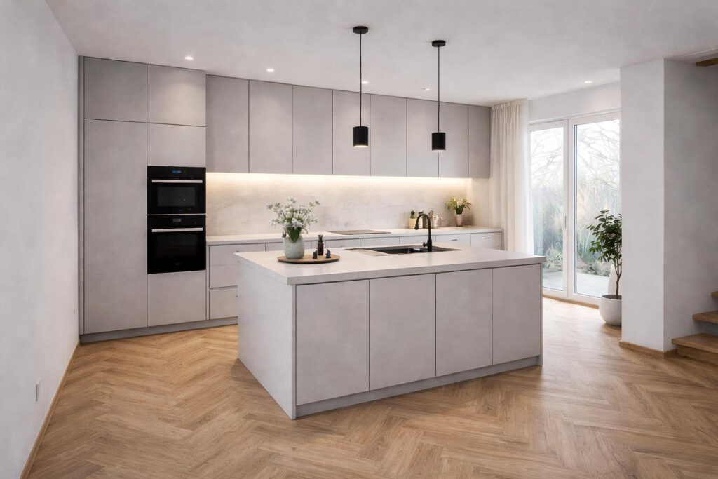 Moderne Küche mit Kochinsel, grifflosen grauen Fronten, Einbaugeräten und direktem Terrassenzugang im Doppelhaus Linea 133 – offener Wohn-Essbereich mit Parkettboden in Fischgrätmuster, Fußbodenheizung