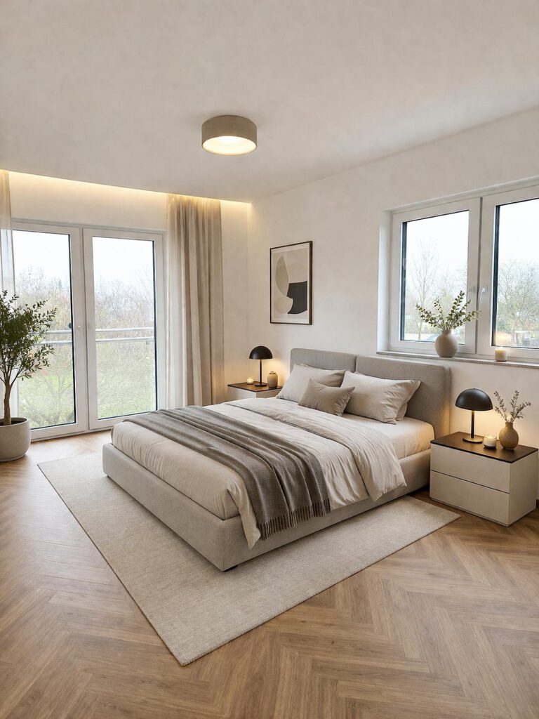 Helles Schlafzimmer im Obergeschoss des Doppelhauses Linea 133 mit Balkonzugang, großen 3-fach-verglasten Fenstern, Parkettboden in Fischgrätmuster und elektrischen Rollläden