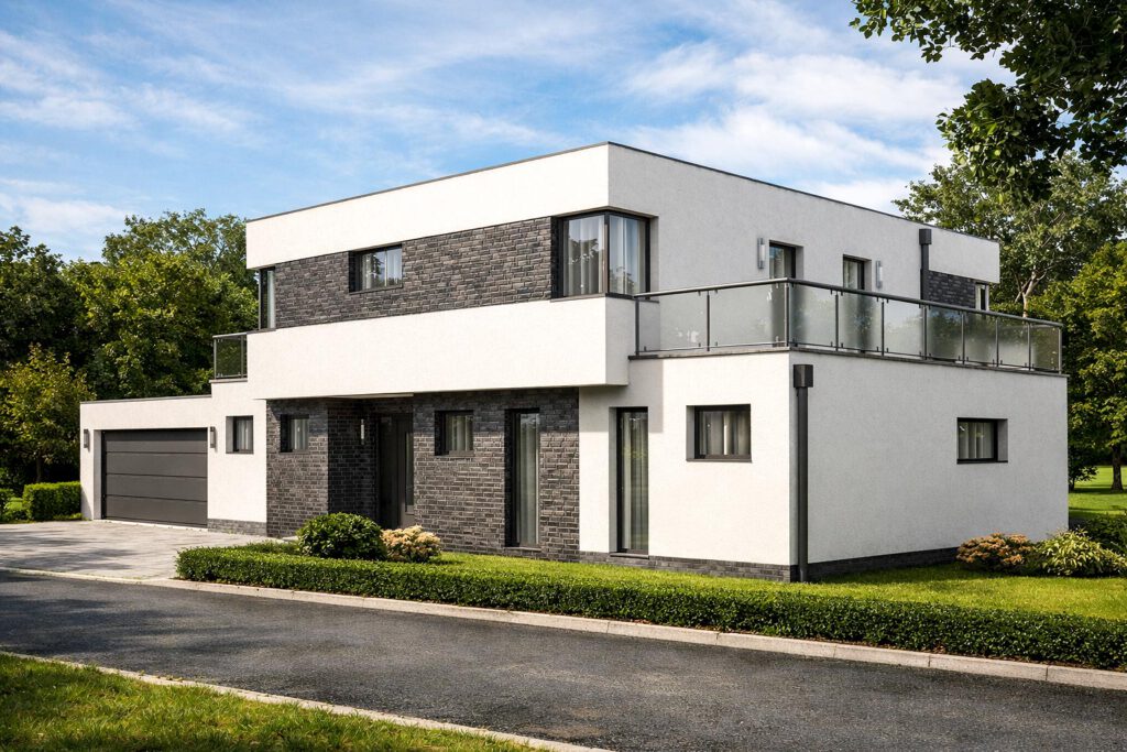 Der Eingangsansicht des Einfamilienhauses Cube 189 im Bauhausstil – kubischer Massivbau mit Flachdach, Kombination aus weißer Putzfassade und anthrazitfarbenen Klinkerelementen, Balkonen mit Glasbrüstung und Doppelgarage, Energieeffizienzklasse A+