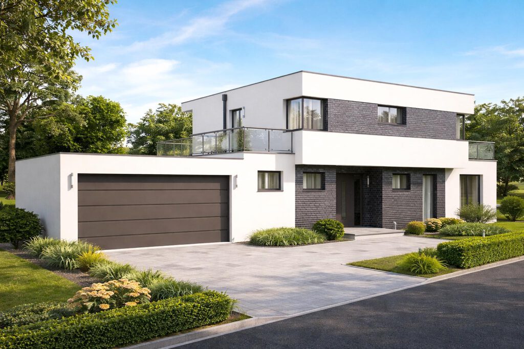 Frontansicht des Einfamilienhauses Cube 189 mit Doppelgarage, überdachtem Eingangsbereich, Putz-Klinker-Fassade und umlaufenden Balkonen im Obergeschoss – Bauhausstil, Flachdach, Massivbau Baujahr 2016