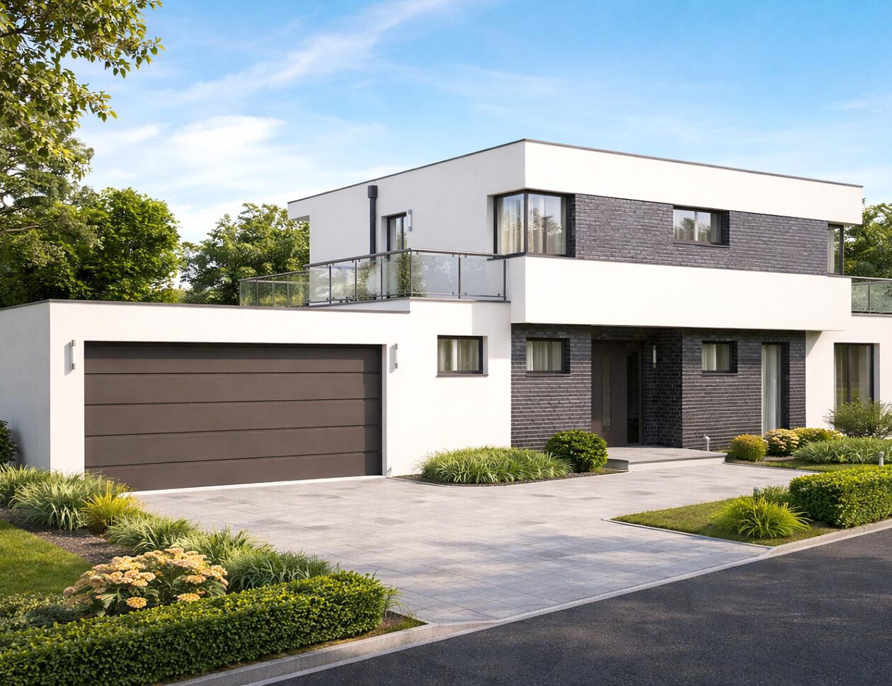 Frontansicht des Einfamilienhauses Cube 189 mit Doppelgarage, überdachtem Eingangsbereich, Putz-Klinker-Fassade und umlaufenden Balkonen im Obergeschoss – Bauhausstil, Flachdach, Massivbau Baujahr 2016