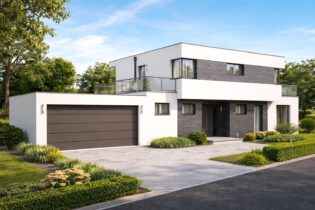 Frontansicht des Einfamilienhauses Cube 189 mit Doppelgarage, überdachtem Eingangsbereich, Putz-Klinker-Fassade und umlaufenden Balkonen im Obergeschoss – Bauhausstil, Flachdach, Massivbau Baujahr 2016