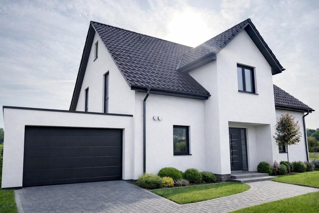Frontansicht des Einfamilienhauses Classic 195 mit weißer Putzfassade, schwarzem Satteldach, integrierter Garage und modernen dunklen Fensterrahmen – Massivbau mit Fußbodenheizung und Luft-Wasser-Wärmepumpe, Energieeffizienzklasse A+