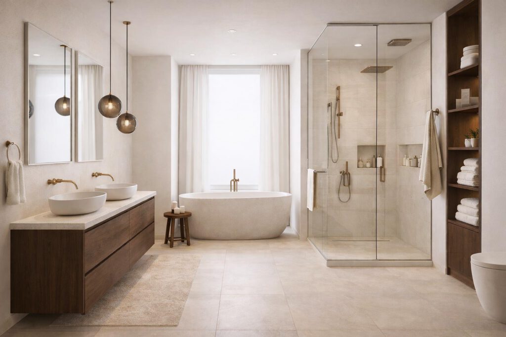 Hochwertiges Badezimmer im Einfamilienhaus Cube 189 mit freistehender Badewanne, ebenerdiger Glasdusche, doppeltem Aufsatzwaschbecken auf Holzunterschrank und goldfarbenen Armaturen – Fußbodenheizung, Bauhausstil