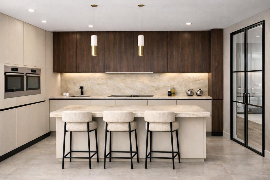 Designerküche im Einfamilienhaus Cube 189 mit Kochinsel in Marmoroptik, Holzoberschränken, cremefarbenen Unterfronten, Doppelbackofen und goldfarbenen Pendelleuchten – offener Grundriss mit Speisekammer, Fußbodenheizung