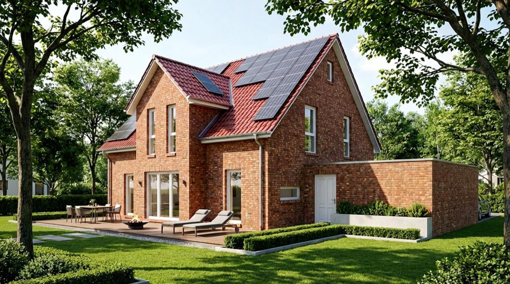 Gartenansicht des Einfamilienhauses Classic 195 mit Klinkerfassade, Photovoltaikanlage, großzügiger Holzterrasse und direktem Wohnzimmerausgang – klassisch-moderner Massivbau mit 195 m² Wohnfläche, Fertigstellung 2023