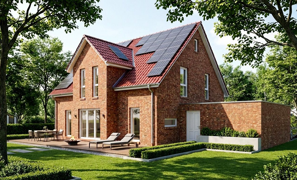 Gartenansicht des Einfamilienhauses Classic 195 mit Klinkerfassade, Photovoltaikanlage, großzügiger Holzterrasse und direktem Wohnzimmerausgang – klassisch-moderner Massivbau mit 195 m² Wohnfläche, Fertigstellung 2023