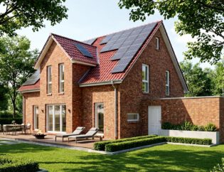 Gartenansicht des Einfamilienhauses Classic 195 mit Klinkerfassade, Photovoltaikanlage, großzügiger Holzterrasse und direktem Wohnzimmerausgang – klassisch-moderner Massivbau mit 195 m² Wohnfläche, Fertigstellung 2023