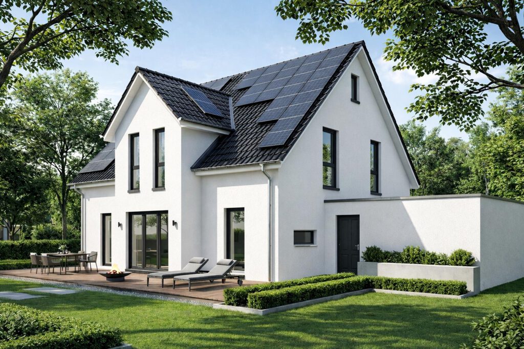 Gartenansicht des Einfamilienhauses Classic 195 mit weißer Putzfassade, Photovoltaikanlage, Holzterrasse und großen Fensterfronten – Massivbau mit Luft-Wasser-Wärmepumpe und Energieeffizienzklasse A+