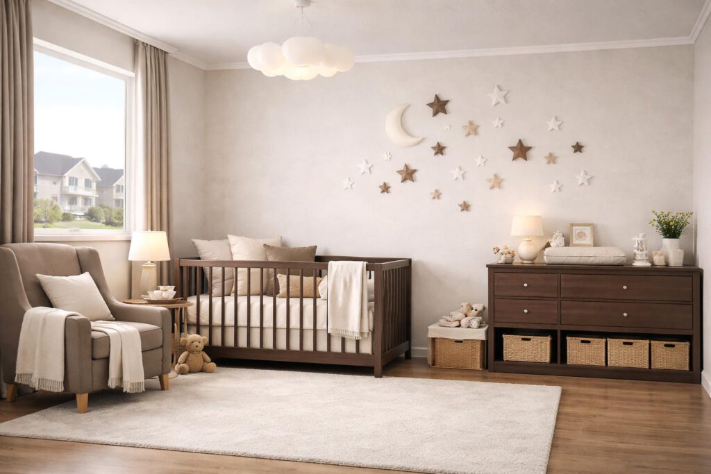 elles Kinderzimmer im Obergeschoss des Einfamilienhauses Classic 195 mit Gitterbett, Wickelkommode, 3-fach-verglasten Fenstern und warmem Vinylboden – flexibel nutzbar als Baby-, Kinder- oder Jugendzimmer