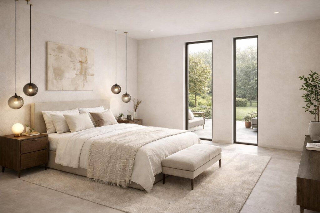 Großzügiges Schlafzimmer im Erdgeschoss des Einfamilienhauses Cube 189 mit direktem Terrassenzugang, hohen schmalen Fensterelementen, Fußbodenheizung und minimalistischer Einrichtung im Bauhausstil