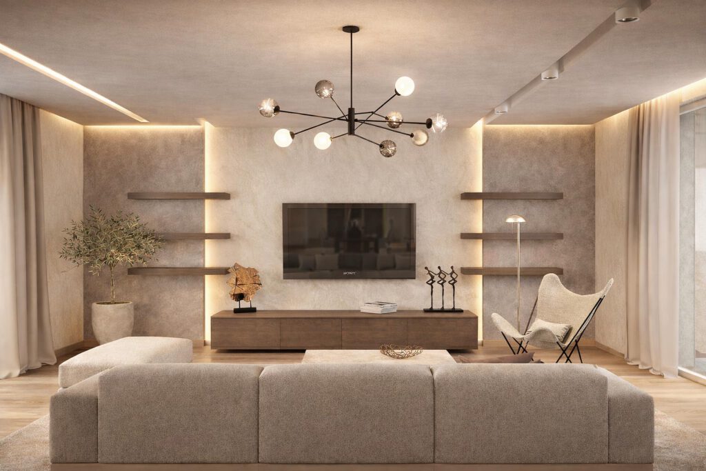 Wohnzimmer im Einfamilienhaus Cube 189 mit maßgefertigter Mediawand, indirekter Beleuchtung, Holzregalen und großen 3-fach-verglasten Fensterfronten – Fußbodenheizung, ruhige Formsprache im Bauhausstil
