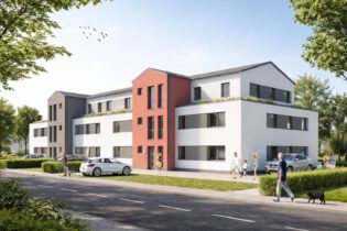 Eingangsbereich des Neubauprojekts Grüner Weg in Lindhorst mit roter Fassadenakzentwand, Dachbegrünung und Außenanlagen