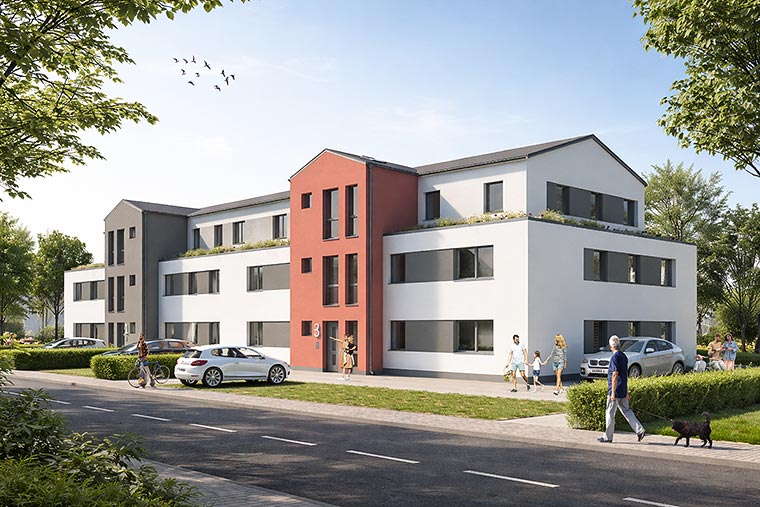 Eingangsbereich des Neubauprojekts Grüner Weg in Lindhorst mit roter Fassadenakzentwand, Dachbegrünung und Außenanlagen