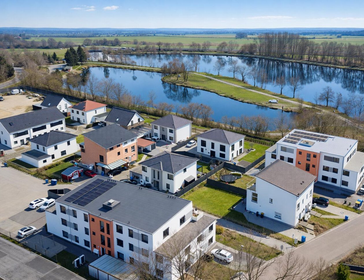 Mehrfamilienhaus in Heisede mit Balkonen, Terrasse und Außensitzbereich. Mit Blick auf den Forellensee mit Schilf, Ufervegetation und ruhiger Wasserfläche