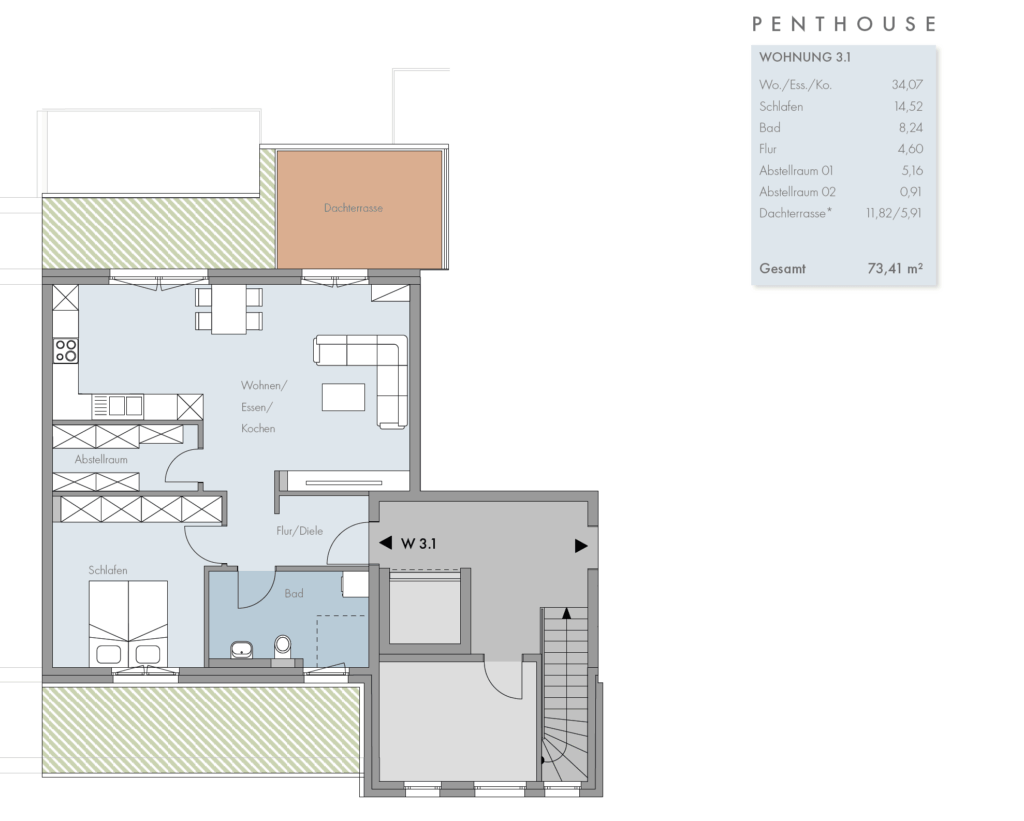 Grundriss Dachgeschoss mit Penthouse-Wohnung 3.1 im Neubau Grüner Weg Lindhorst, 2-Zimmer-Wohnung mit Dachterrasse, 2. Bauabschnitt