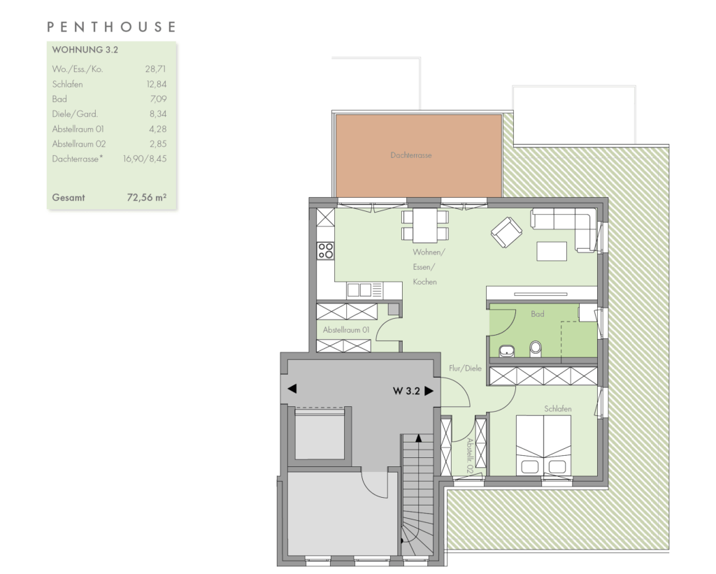 Grundriss Dachgeschoss mit Penthouse-Wohnung 3.2 im Neubau Grüner Weg Lindhorst, 3-Zimmer-Wohnung mit Dachterrasse, 2. Bauabschnitt