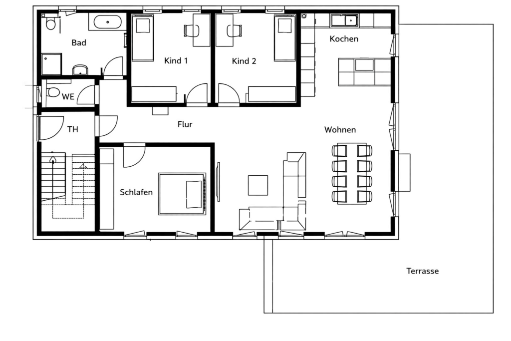 Grundriss Erdgeschoss des Mehrfamilienhauses in Gehrden mit Wohn-, Schlaf- und Kinderzimmern sowie Terrasse