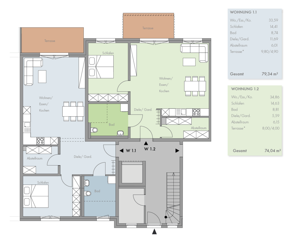 Grundriss Erdgeschoss mit Wohnung 1.1 und 1.2 im Neubau Grüner Weg Lindhorst, 2- und 3-Zimmer-Wohnungen mit Terrasse, 2. Bauabschnitt