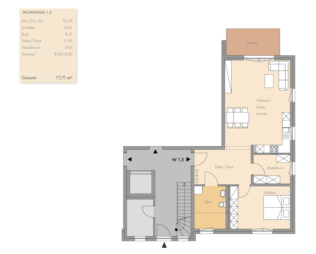 Grundriss Erdgeschoss mit Wohnung 1.3 im Neubau Grüner Weg Lindhorst, 2-Zimmer-Wohnung mit Terrasse, 2. Bauabschnitt