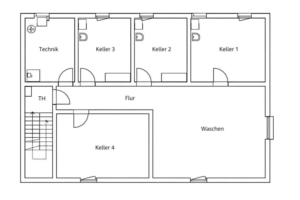 Grundriss Vollkeller des Mehrfamilienhauses in Gehrden mit vier Kellerräumen, Technikraum und gemeinschaftlicher Waschküche