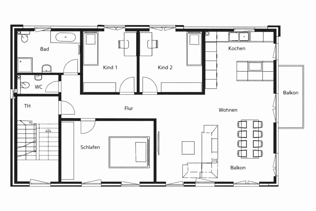Grundriss Obergeschoss des Mehrfamilienhauses in Gehrden mit Wohn-, Schlaf- und Kinderzimmern sowie Balkon