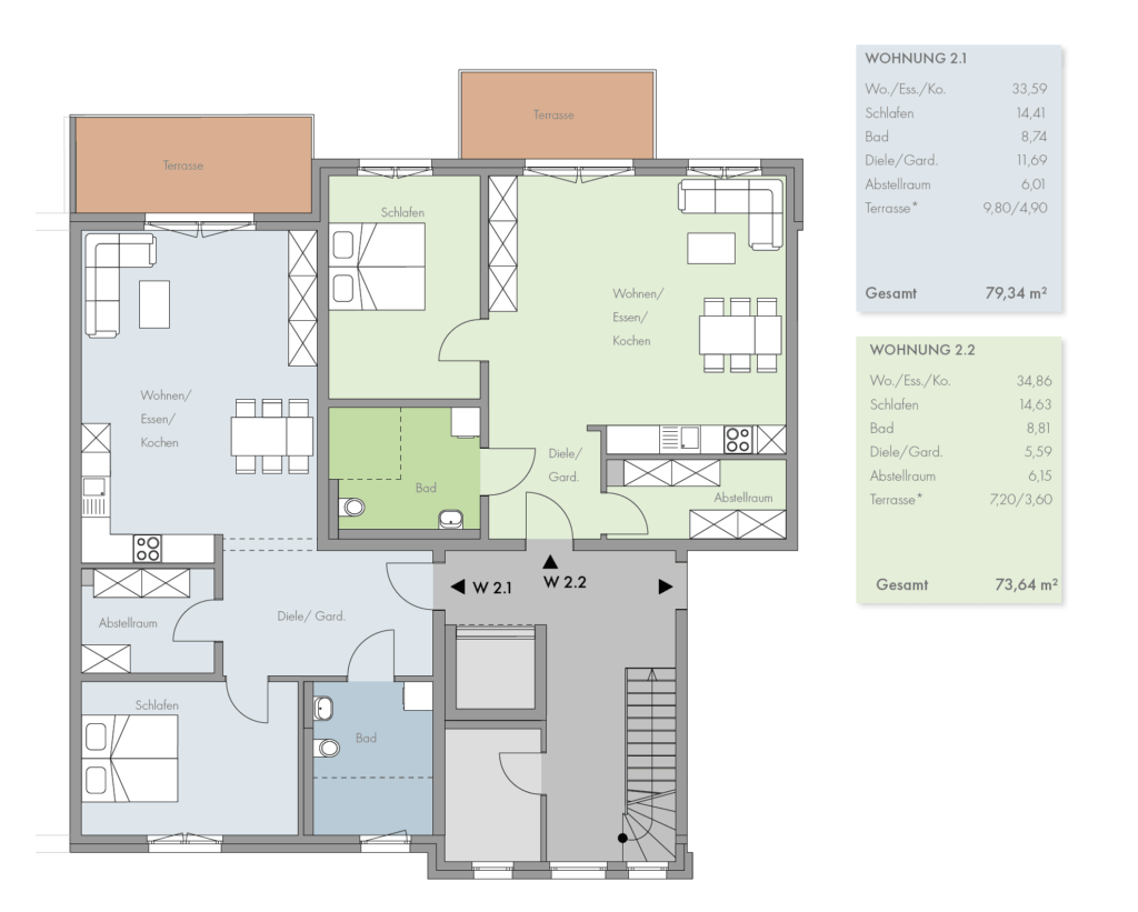 Grundriss Obergeschoss mit Wohnung 2.1 und 2.2 im Neubau Grüner Weg Lindhorst, 2- und 3-Zimmer-Wohnungen mit Balkon, 2. Bauabschnitt