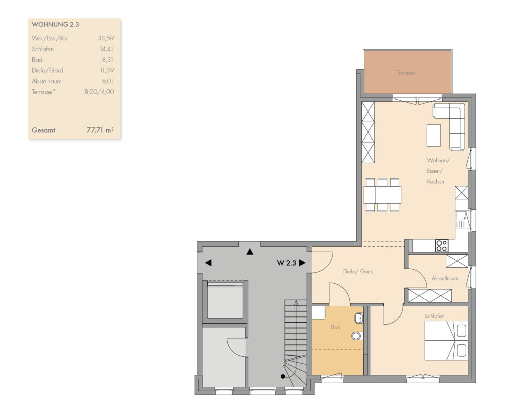 Grundriss Obergeschoss mit Wohnung 2.3 im Neubau Grüner Weg Lindhorst, 2-Zimmer-Wohnung mit Balkon, 2. Bauabschnitt