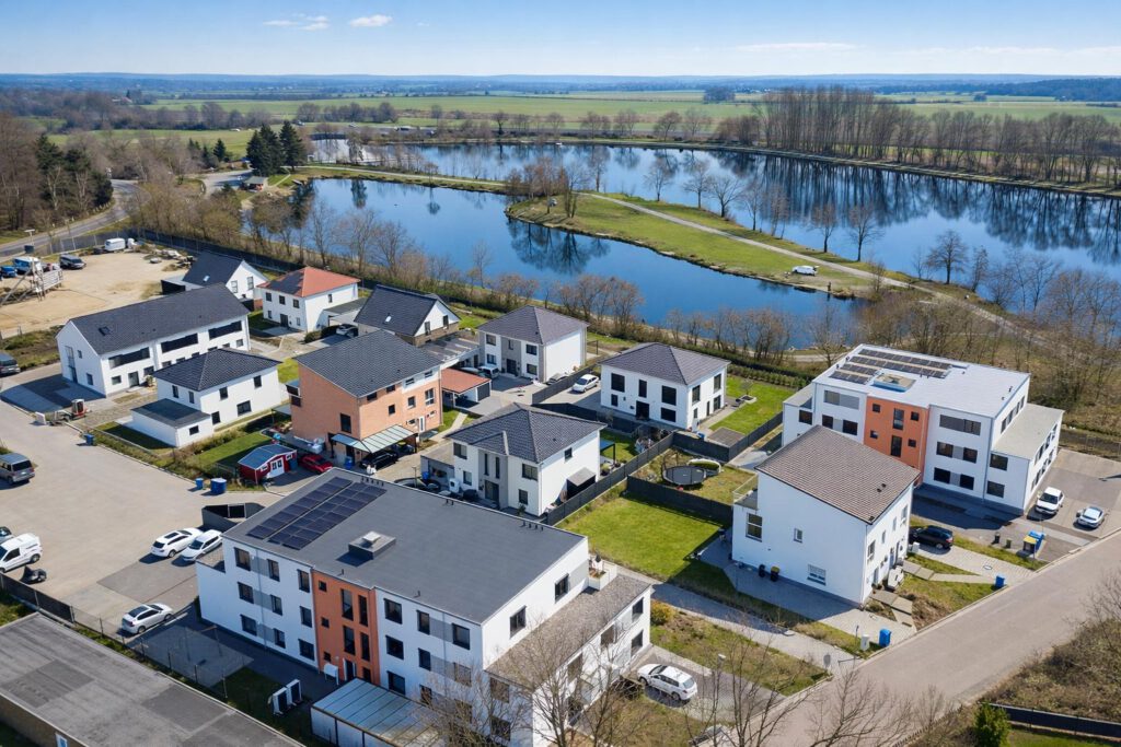 Luftaufnahme des Wohnquartiers am Forellensee in Heisede mit Mehrfamilienhaus, Einfamilienhäusern und Blick auf den See