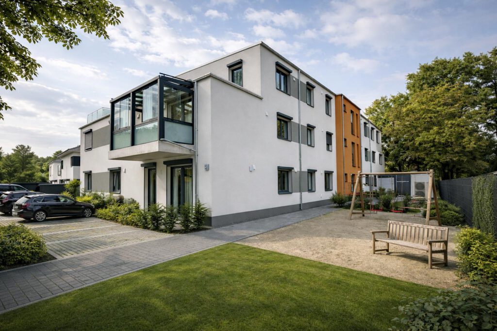Mehrfamilienhaus Am Dorfe 5 in Heisede mit Rasenfläche, Spielbereich und farbigem Fassadenakzent